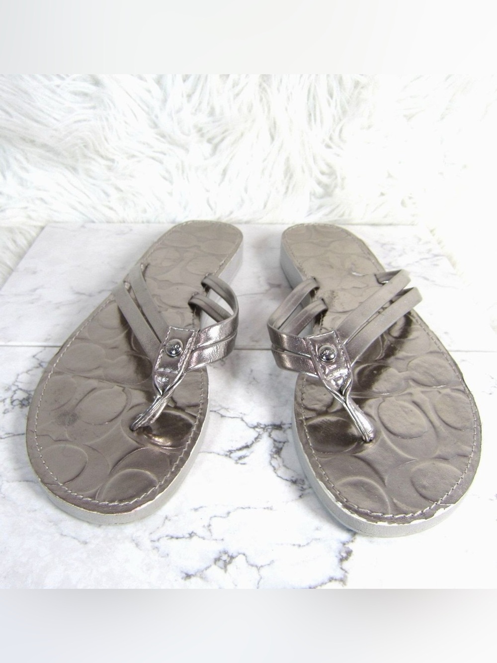 COACH Metallic Silver Women's Thong Sandals Flip Flop - Picture 2 of 8